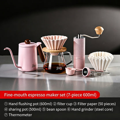 BINCOO Pink Pour Over Coffee Set Complete Kit with Glass Server Ceramic V60 Dripper & Manual Coffee Grinder for Home & Office