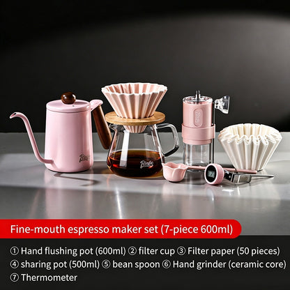 BINCOO Pink Pour Over Coffee Set Complete Kit with Glass Server Ceramic V60 Dripper & Manual Coffee Grinder for Home & Office