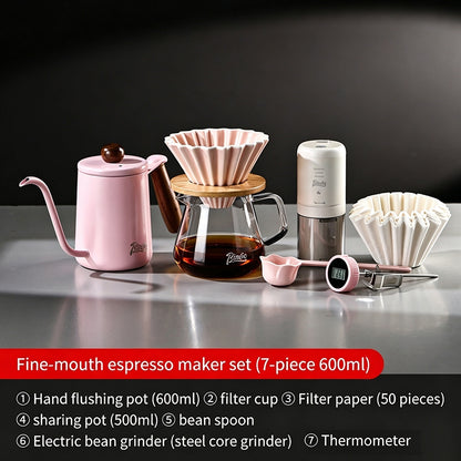 BINCOO Pink Pour Over Coffee Set Complete Kit with Glass Server Ceramic V60 Dripper & Manual Coffee Grinder for Home & Office