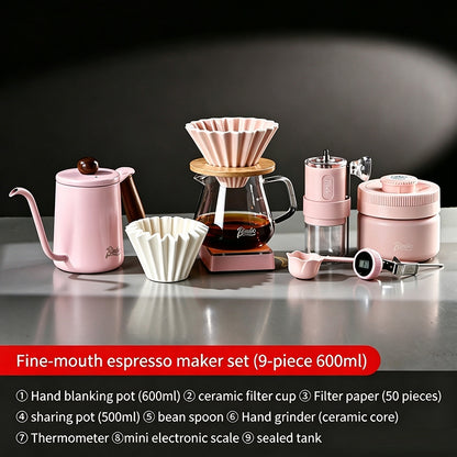 BINCOO Pink Pour Over Coffee Set Complete Kit with Glass Server Ceramic V60 Dripper & Manual Coffee Grinder for Home & Office