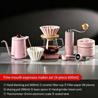 BINCOO Pink Pour Over Coffee Set Complete Kit with Glass Server Ceramic V60 Dripper & Manual Coffee Grinder for Home & Office