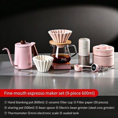 BINCOO Pink Pour Over Coffee Set Complete Kit with Glass Server Ceramic V60 Dripper & Manual Coffee Grinder for Home & Office