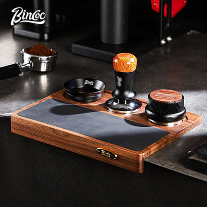 BINCOO Wood Silicone Tamper Mat Set for Espresso Coffee 3-Piece Kit with Distributor & Tamper Coffee Accessories Storage Set 51MM/58MM