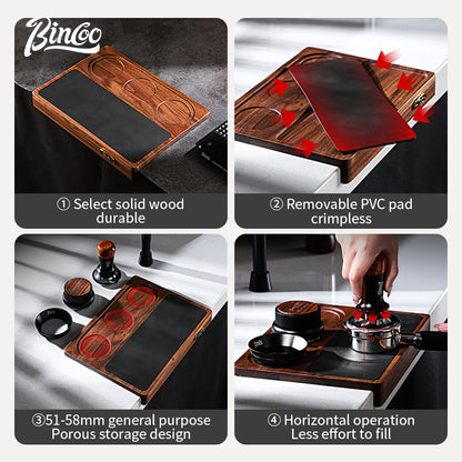 BINCOO Wood Silicone Tamper Mat Set for Espresso Coffee 3-Piece Kit with Distributor & Tamper Coffee Accessories Storage Set 51MM/58MM