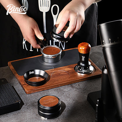BINCOO Wood Silicone Tamper Mat Set for Espresso Coffee 3-Piece Kit with Distributor & Tamper Coffee Accessories Storage Set 51MM/58MM