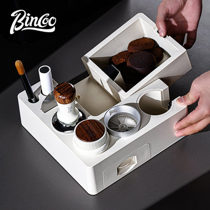 BINCOO All-in-One Coffee Tamping Station with Knock Box Spring Loaded Tamper & Distributor Complete Coffee Portafilter Tool Set 51MM/58MM