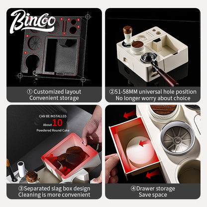 BINCOO All-in-One Coffee Tamping Station with Knock Box Spring Loaded Tamper & Distributor Complete Coffee Portafilter Tool Set 51MM/58MM