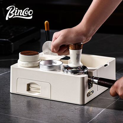 BINCOO All-in-One Coffee Tamping Station with Knock Box Spring Loaded Tamper & Distributor Complete Coffee Portafilter Tool Set 51MM/58MM