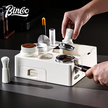 BINCOO All-in-One Coffee Tamping Station with Knock Box Spring Loaded Tamper & Distributor Complete Coffee Portafilter Tool Set 51MM/58MM