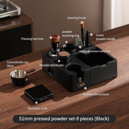 BINCOO All-in-One Coffee Tamping Station with Knock Box Spring Loaded Tamper & Distributor Complete Coffee Portafilter Tool Set 51MM/58MM