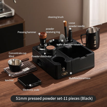 BINCOO All-in-One Coffee Tamping Station with Knock Box Spring Loaded Tamper & Distributor Complete Coffee Portafilter Tool Set 51MM/58MM