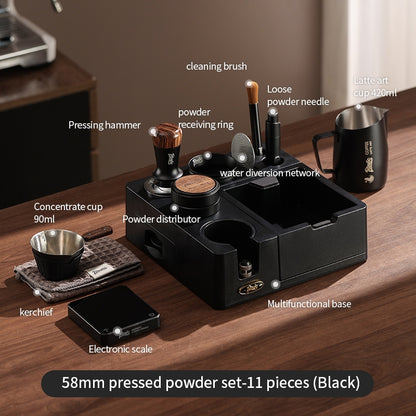 BINCOO All-in-One Coffee Tamping Station with Knock Box Spring Loaded Tamper & Distributor Complete Coffee Portafilter Tool Set 51MM/58MM