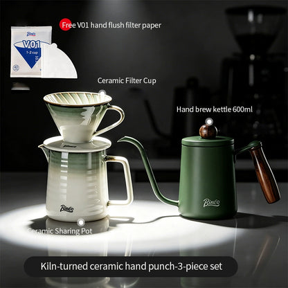 BINCOO Stainless Steel Pour Over Coffee Kettle with V60 Ceramic Dripper Drip Household Coffee Filter Coffee Grinder Set