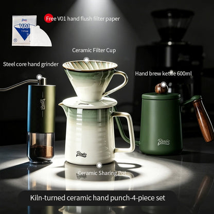 BINCOO Stainless Steel Pour Over Coffee Kettle with V60 Ceramic Dripper Drip Household Coffee Filter Coffee Grinder Set