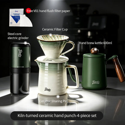BINCOO Stainless Steel Pour Over Coffee Kettle with V60 Ceramic Dripper Drip Household Coffee Filter Coffee Grinder Set