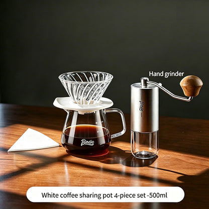 BINCOO Pour Over Coffee Set Glass Server with Glass Dripper Manual Coffee Grinder Complete Coffee Brewing Kit