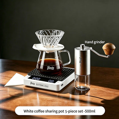 BINCOO Pour Over Coffee Set Glass Server with Glass Dripper Manual Coffee Grinder Complete Coffee Brewing Kit