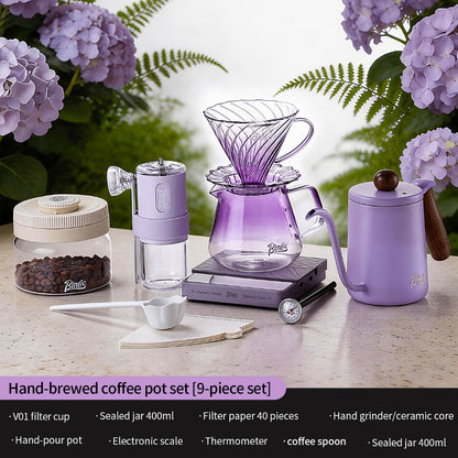 BINCOO Gradient Purple Pour Over Coffee Set with Grinder High Borosilicate Glass Sharing Pot V60 Glass Dripper Drip Coffee Maker Kit