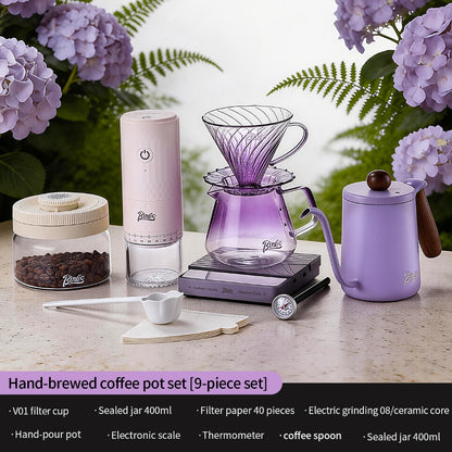 BINCOO Gradient Purple Pour Over Coffee Set with Grinder High Borosilicate Glass Sharing Pot V60 Glass Dripper Drip Coffee Maker Kit