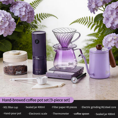 BINCOO Gradient Purple Pour Over Coffee Set with Grinder High Borosilicate Glass Sharing Pot V60 Glass Dripper Drip Coffee Maker Kit