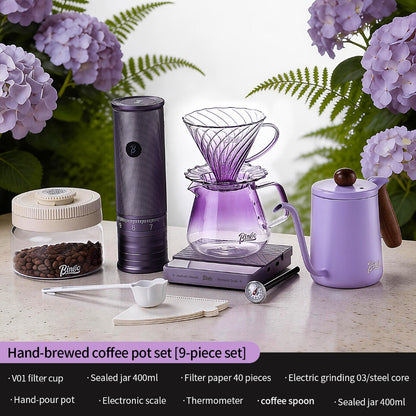 BINCOO Gradient Purple Pour Over Coffee Set with Grinder High Borosilicate Glass Sharing Pot V60 Glass Dripper Drip Coffee Maker Kit