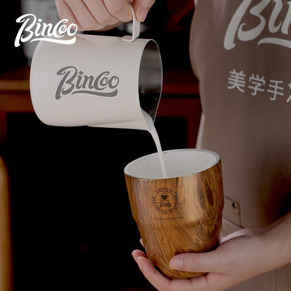 BINCOO Vintage Coffee Cup with Straw Ceramic‑Coated Insulated Tumbler Wood Grain Travel Mug Portable 480ML