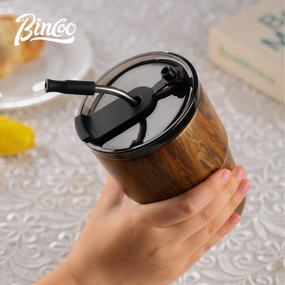BINCOO Vintage Coffee Cup with Straw Ceramic‑Coated Insulated Tumbler Wood Grain Travel Mug Portable 480ML