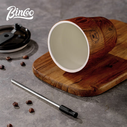 BINCOO Vintage Coffee Cup with Straw Ceramic‑Coated Insulated Tumbler Wood Grain Travel Mug Portable 480ML