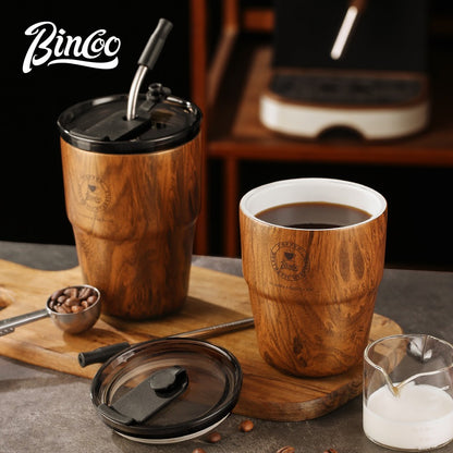 BINCOO Vintage Coffee Cup with Straw Ceramic‑Coated Insulated Tumbler Wood Grain Travel Mug Portable 480ML
