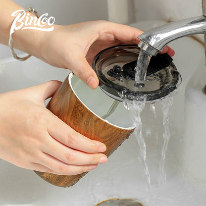 BINCOO Vintage Coffee Cup with Straw Ceramic‑Coated Insulated Tumbler Wood Grain Travel Mug Portable 480ML