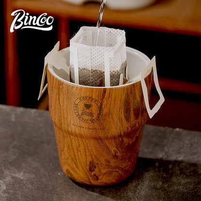 BINCOO Vintage Coffee Cup with Straw Ceramic‑Coated Insulated Tumbler Wood Grain Travel Mug Portable 480ML