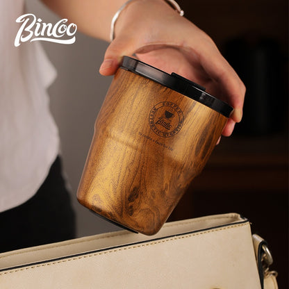 BINCOO Vintage Coffee Cup with Straw Ceramic‑Coated Insulated Tumbler Wood Grain Travel Mug Portable 480ML