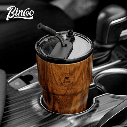 BINCOO Vintage Coffee Cup with Straw Ceramic‑Coated Insulated Tumbler Wood Grain Travel Mug Portable 480ML