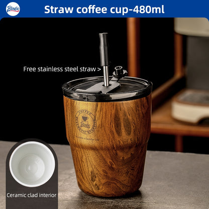 BINCOO Vintage Coffee Cup with Straw Ceramic‑Coated Insulated Tumbler Wood Grain Travel Mug Portable 480ML
