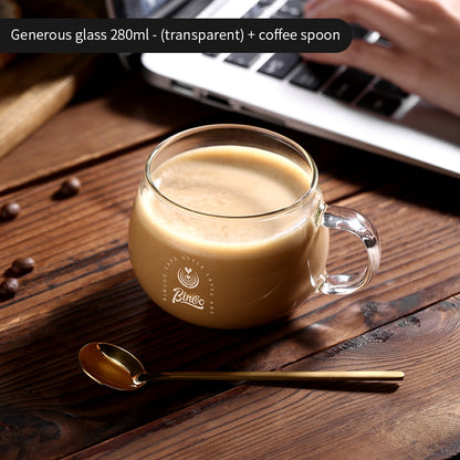 BINCOO Wide‑Mouth Glass Coffee Cup Iced Americano Latte Cup with Coffee Spoon Set Ideal for Home & Office 280ML