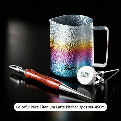 BINCOO Pure Titanium Latte Pitcher Pointed Spout Milk Jug with Latte Art Pen, Milk Frother Set, Professional Coffee Tools Kit