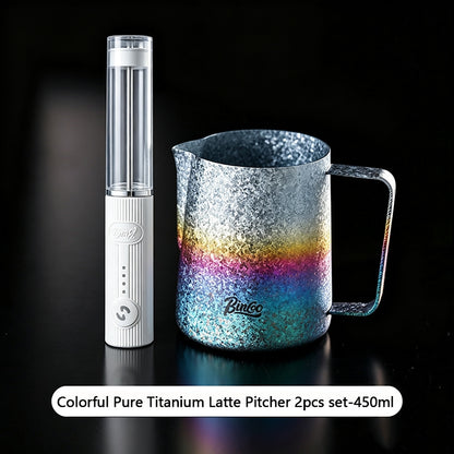 BINCOO Pure Titanium Latte Pitcher Pointed Spout Milk Jug with Latte Art Pen, Milk Frother Set, Professional Coffee Tools Kit