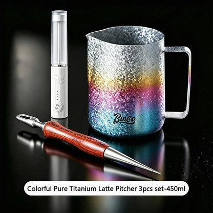 BINCOO Pure Titanium Latte Pitcher Pointed Spout Milk Jug with Latte Art Pen, Milk Frother Set, Professional Coffee Tools Kit