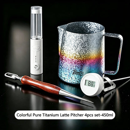 BINCOO Pure Titanium Latte Pitcher Pointed Spout Milk Jug with Latte Art Pen, Milk Frother Set, Professional Coffee Tools Kit