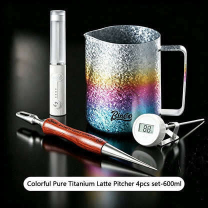 BINCOO Pure Titanium Latte Pitcher Pointed Spout Milk Jug with Latte Art Pen, Milk Frother Set, Professional Coffee Tools Kit