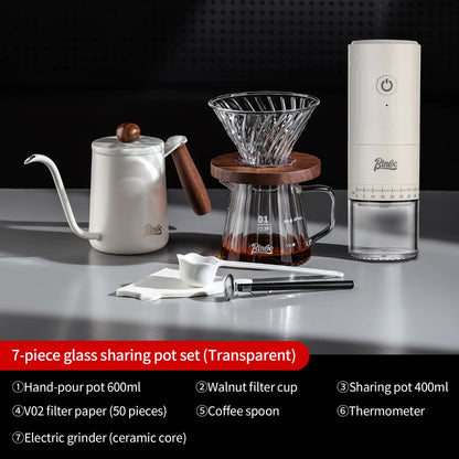 BINCOO Coffee Glass Server with V60 Glass Dripper Set Grinder Kit Stainless Steel Gooseneck Kettle Coffee Brewing Tool Set