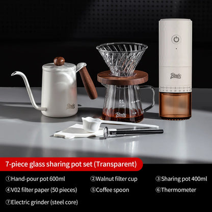 BINCOO Coffee Glass Server with V60 Glass Dripper Set Grinder Kit Stainless Steel Gooseneck Kettle Coffee Brewing Tool Set