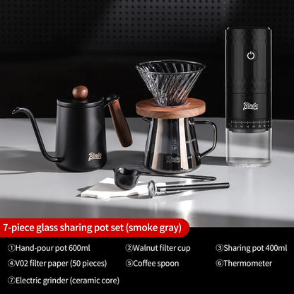 BINCOO Coffee Glass Server with V60 Glass Dripper Set Grinder Kit Stainless Steel Gooseneck Kettle Coffee Brewing Tool Set