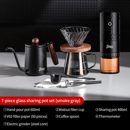 BINCOO Coffee Glass Server with V60 Glass Dripper Set Grinder Kit Stainless Steel Gooseneck Kettle Coffee Brewing Tool Set
