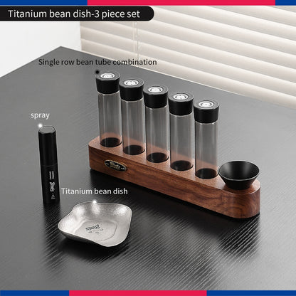 BINCOO Pure Titanium Coffee Bean Dosing Tray with Storage Display Stand Set Espresso Coffee Powder Weighing Dosing Dish & Spray Bottle Kit