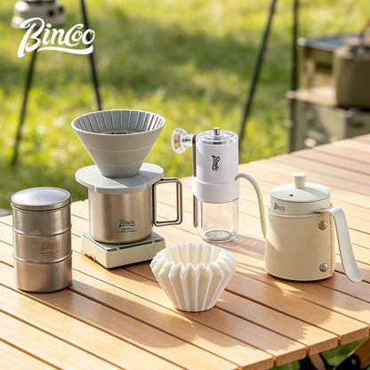 BINCOO Collapsible Silicone Dripper Pour‑Over Coffee Pot Set with Portable Manual Coffee Grinder, Outdoor Camping Gear