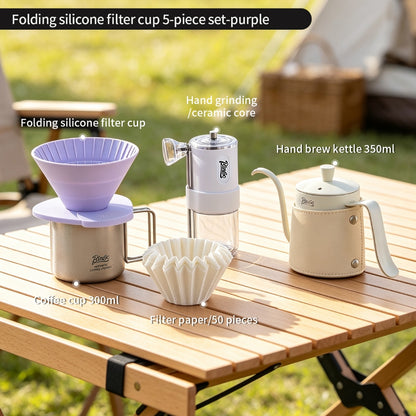 BINCOO Collapsible Silicone Dripper Pour‑Over Coffee Pot Set with Portable Manual Coffee Grinder, Outdoor Camping Gear