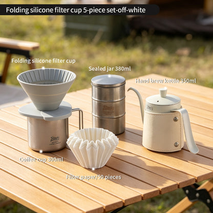 BINCOO Collapsible Silicone Dripper Pour‑Over Coffee Pot Set with Portable Manual Coffee Grinder, Outdoor Camping Gear