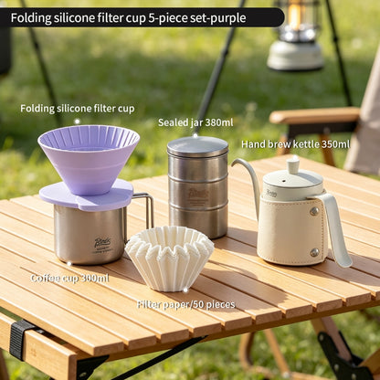 BINCOO Collapsible Silicone Dripper Pour‑Over Coffee Pot Set with Portable Manual Coffee Grinder, Outdoor Camping Gear