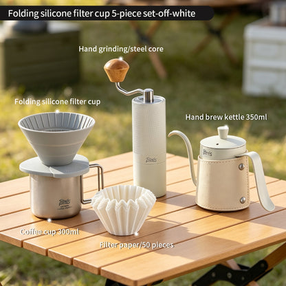 BINCOO Collapsible Silicone Dripper Pour‑Over Coffee Pot Set with Portable Manual Coffee Grinder, Outdoor Camping Gear